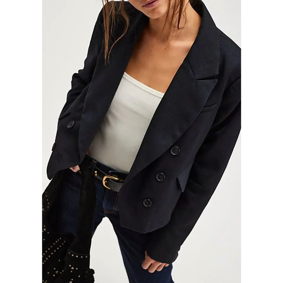 NEW FREE PEOPLE BLACK DOUBLE BREASTED BLAZER JACKET SIZE S - Picture 2 of 12